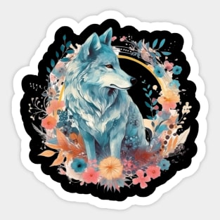 Colorful Wolf With Flowers Sticker